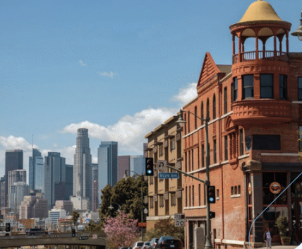 Boyle Heights streetscape with the downtown skyline