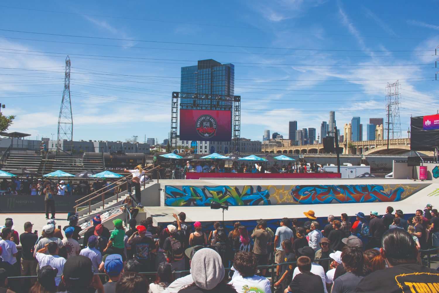 Street League Skateboarding course and grandstands in the lots